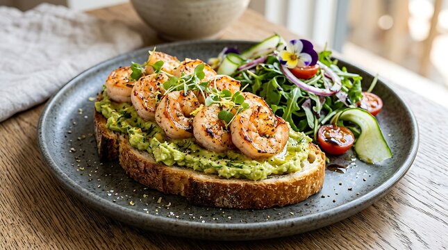 Delicious grilled shrimp avocado toast served with a fresh garden salad and edible flowers