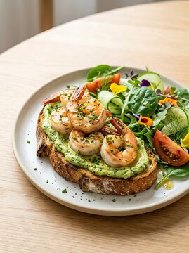 Delicious avocado toast topped with juicy grilled shrimp served with a fresh side salad