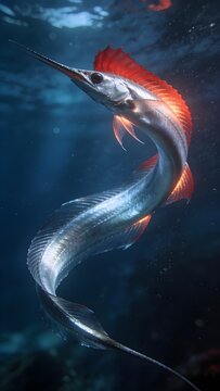 Rare Giant Oarfish Swimming Silver Body Red Crest Deep Blue Ocean Water Column