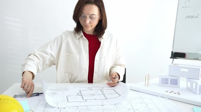 Architect working on new residential project using laptop, reviewing blueprints and drafting floor plans for modern building design with a 3d model on office desk