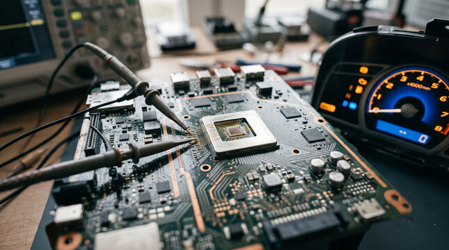 Automotive semiconductor package on a printed circuit board, featuring copper traces, bonding wires, an electromagnetic interference shield, oscilloscope probes, and a lit dashboard module