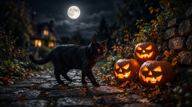 Black cat walking past and staring suspiciously at glowing Halloween pumpkins at night with a full moon in the black dark sky in the background. Very eerie