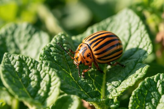 Close-up of a classic Colorado potato beetle on a potato plant leaf in bright daylight