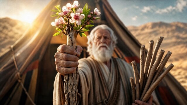 Biblical miracle from the Book of Numbers Chapter 17. Close-up of the prophet Moses stepping out of the Tabernacle and showing Aaron's miraculously blooming almond staff while holding dry wooden stick