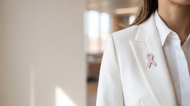 Close up view of person chest wearing clean high end matte white business blazer jacket with minimalist pastel pink enamel ribbon shaped pin attached to lapel clean neutral backdrop layout