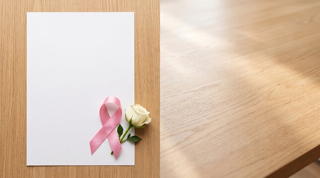 High angle view of large minimalist poster sheet with blank unprinted flat white surface on table with satin pink awareness ribbon and single fresh white rose bud empty light wood layout