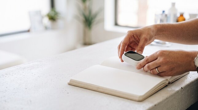Close up view of hands placing matte white modern smart medical tracker device with blank textless screen onto open paper medical journal with blank unprinted white pages white counter layout