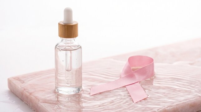 Macro studio view of unbranded plain transparent glass dropper bottle with blank unprinted surface with clear organic fluid oil on soft pink marble surface next to pink satin ribbon layout