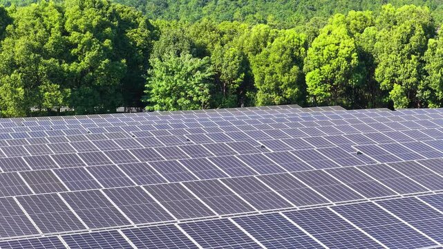 Aerial tracking shot over a solar farm bordered by trees
