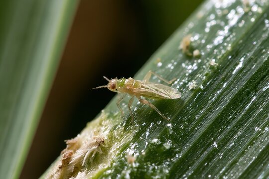 Close-up shows thrips insect crawling on damaged silver onion leaf tissue in agricultural setting