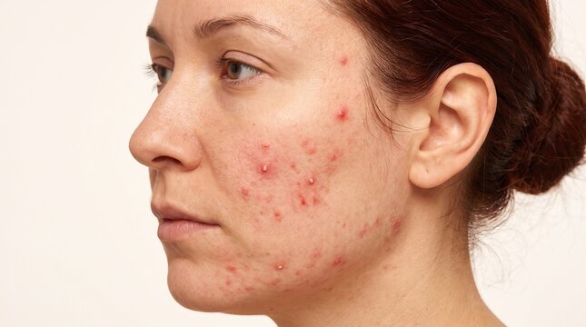 Dermatology: Adult face with inflammatory acne, pustules and post-inflammatory redness