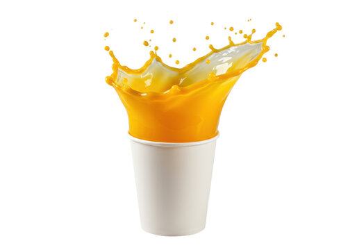 Hyper-realistic macro shot of deep orange juice violently erupting from a tilted white paper cup, frozen symmetrical splash, high-key studio lighting, volumetric details, concept for beverage