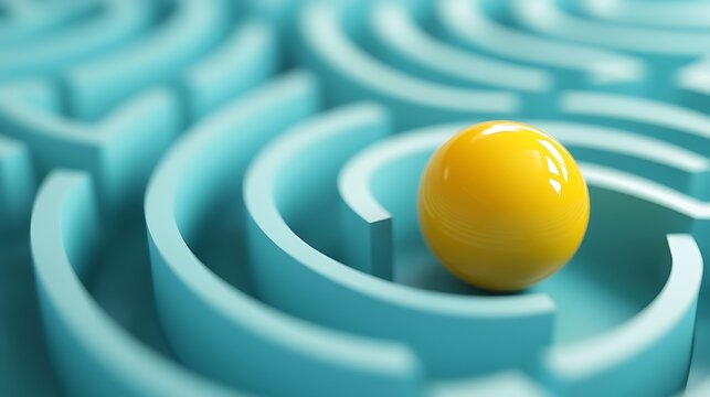 Yellow ball navigating through a blue circular labyrinth representing strategy and pathfinding