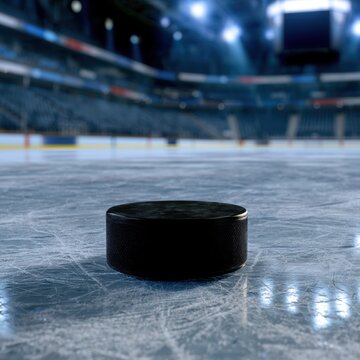 Black hockey puck resting on scratched ice surface with blurred stadium seats and bright overhead lights in the background during an indoor ice hockey game setu