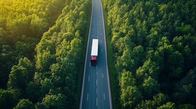 Aerial view of a red semi-truck driving on a highway through a lush green forest
