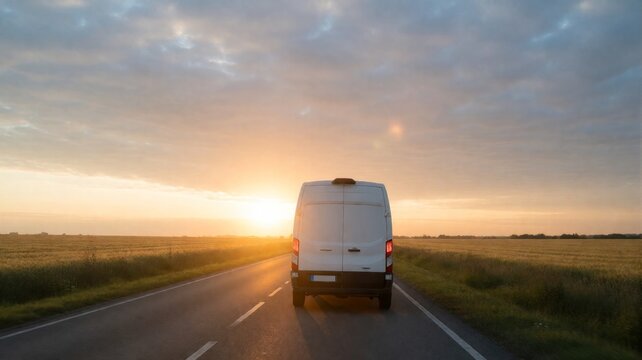 White delivery van driving along a rural country road during golden hour