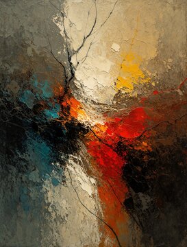 Abstract oil painting with textured brushstrokes. Vibrant colors mix blue orange red brown beige layers. Creative artistic background shows messy flow movement. Modern interior decor wall art design.