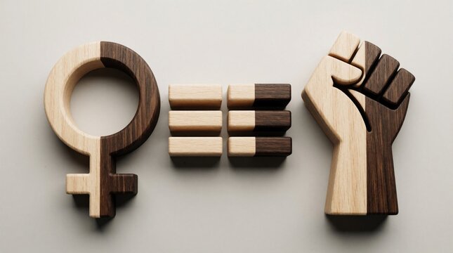 Wooden female gender symbol next to raised fist sculpture on grey background. Equal sign blocks connect icons. Concept of feminism equality activism human rights social justice empowerment parity