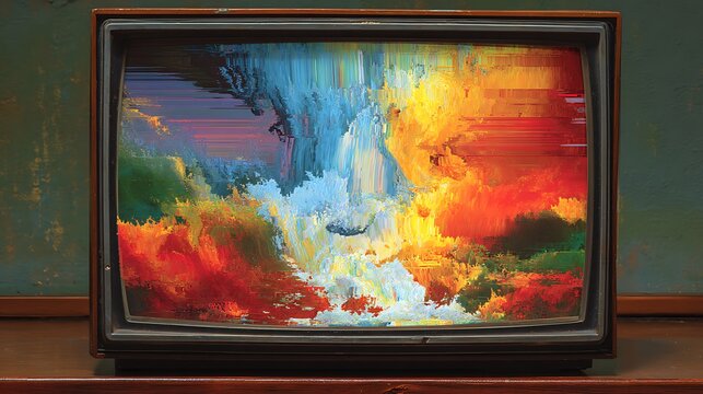 Vintage television with distorted colorful glitch effect on screen