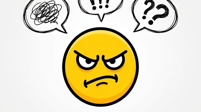 Angry yellow emoji face with frustration speech bubbles.