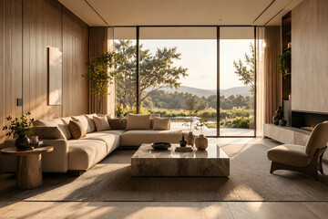 Fototapeta premium Luxury Modern Living Room Interior with Panoramic Windows and Minimalist Design