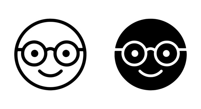Minimalist nerd face icon set, smiling geek character with glasses, black and white avatar vector