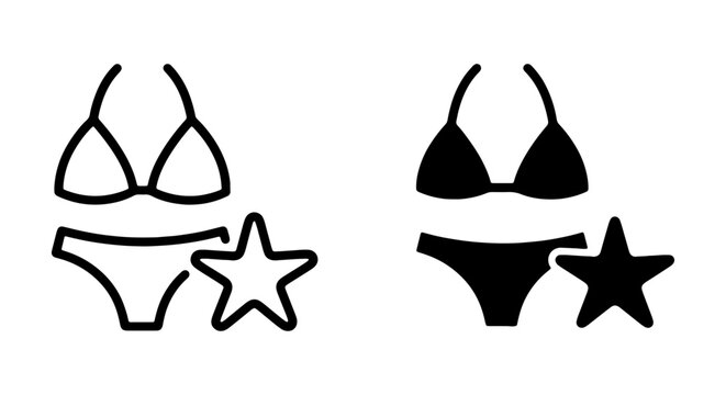 Minimalist bikini icons with starfish, black line and silhouette swimsuit vector set for summer