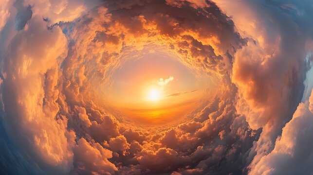 Surreal fisheye perspective of a bright sun shining through a circular hole in golden sunset clouds