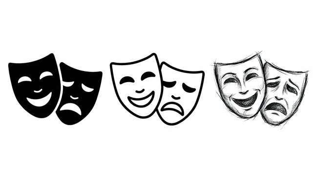 Comedy and tragedy theater drama mask icons.