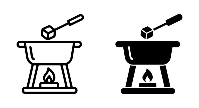 Fondue pot icons set, cheese fondue with fork and bread, chocolate fondue burner vector graphics