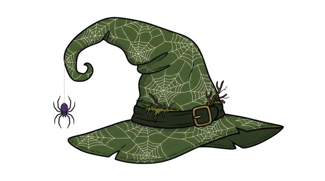 Cartoon illustration of a spooky green halloween witch hat decorated with spider webs and a hanging purple spider transparent background