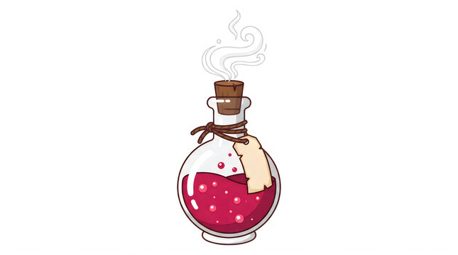 Cartoon illustration of a magical red potion bottle with a wooden cork and vintage paper label on an isolated white background transparent background