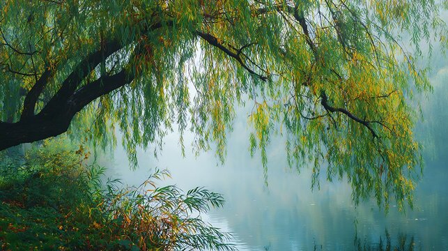 Serene weeping willow branches hanging over a foggy river in morning light