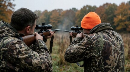 Obraz premium Two men in camo jackets hold rifles with scopes in autumn woods. Hunters aim at target outdoors during rainy weather. Sportsmen in forest prepare for shooting practice. Male characters wearing