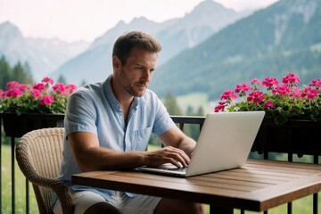 Obraz premium Young businessman sits on balcony with laptop computer. Male freelancer works remotely from mountain terrace with flowers. Pro entrepreneur types on keyboard during summer trip. Guy manages online
