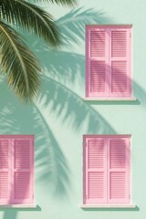 Fototapeta premium Pastel mint wall with pink shuttered windows casting shadows. Palm leaves create abstract patterns on textured facade. Sunny day, tropical vibe, vacation mood.