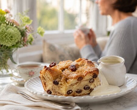 Pud&iacute;n de pan servido con crema en una mesa junto a una ventana