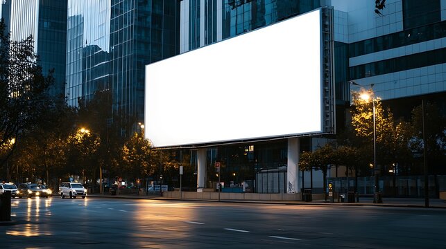 Large horizontal blank billboard mockup on a busy city street at night with car light trails