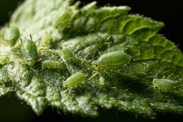Fototapeta premium Macro shot showing a green aphid colony on the lower side of a tomato leaf in a garden setting during daylight