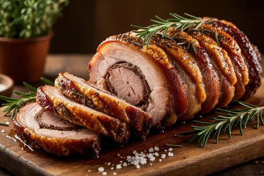 Sliced roasted porchetta on wooden board with fresh rosemary, sea salt. Traditional Italian rolled pork belly dish with crispy golden brown crust. Delicious gourmet meat recipe for holiday dinner