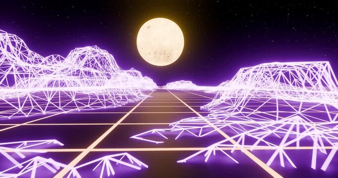 Neon wireframe landscape under full moon looping video