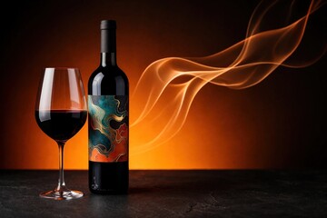 Naklejka premium Bottle of red wine, crystal glass on dark stone table. Abstract orange smoke swirls in background. Luxury alcoholic beverage for elegant dinner party romantic evening celebration. Glassware with