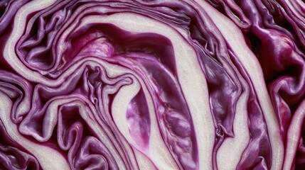 Obraz premium Macro shot of a sliced red cabbage showing internal patterns and designs of white and purple veins
