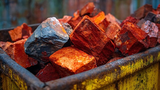 Close-up of Red Iron Ore or Bauxite Rocks in a Rusty Industrial Container