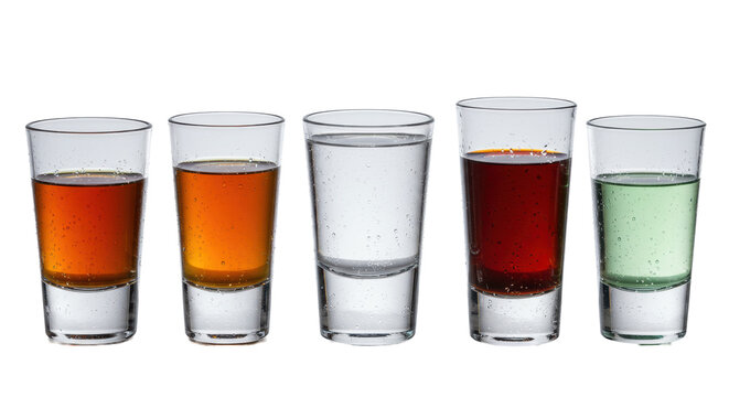 seven hyperrealistic crystal shot glasses filled to the brim with chilled, multicolored spirits (whiskey, vodka, rum), isolated on a glossy white cyclorama with reflections. commercial barware