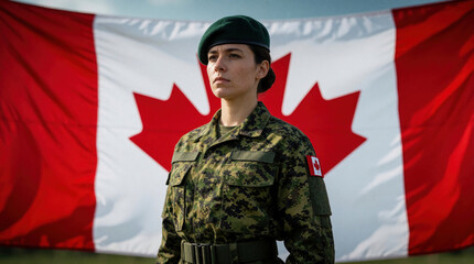 Fototapeta premium Young woman soldier in green camouflage uniform stands before large Canadian flag. Female military officer wears beret, tactical gear for national defense service. Pro armed forces member displays