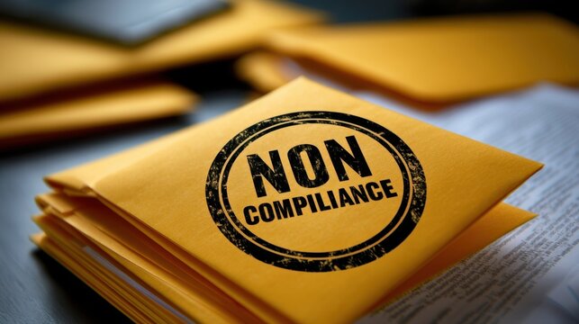 Yellow envelope marked with non compliance stamp on top of paperwork symbolizing failure to meet regulations or standards in a business context