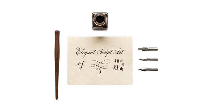 Calligraphy Dip Pen Set with Ink Bottle and Nibs on Paper with Elegant Script Art.