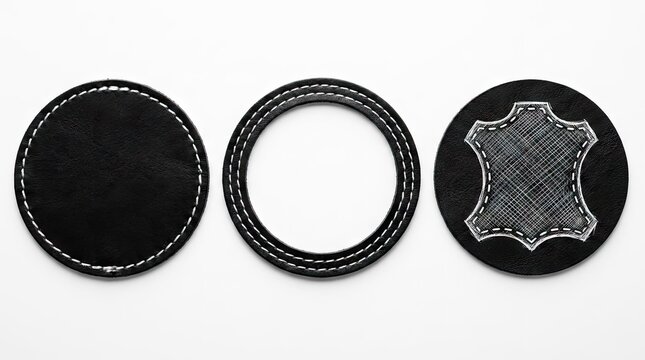 Three black leather patches with white stitching.
