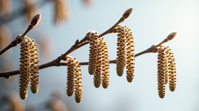 Hazel catkins bloom early spring releasing pollen and sustaining bees. Detail macro view of branches with dangling aments against soft blue sky. Nature renewal.